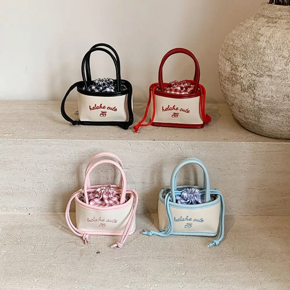 

Korean Style Drawstring Bucket Bag Plaid Embroidery PU Crossbody Bag Niche Design PU Leather Children Shoulder Bag Outdoor