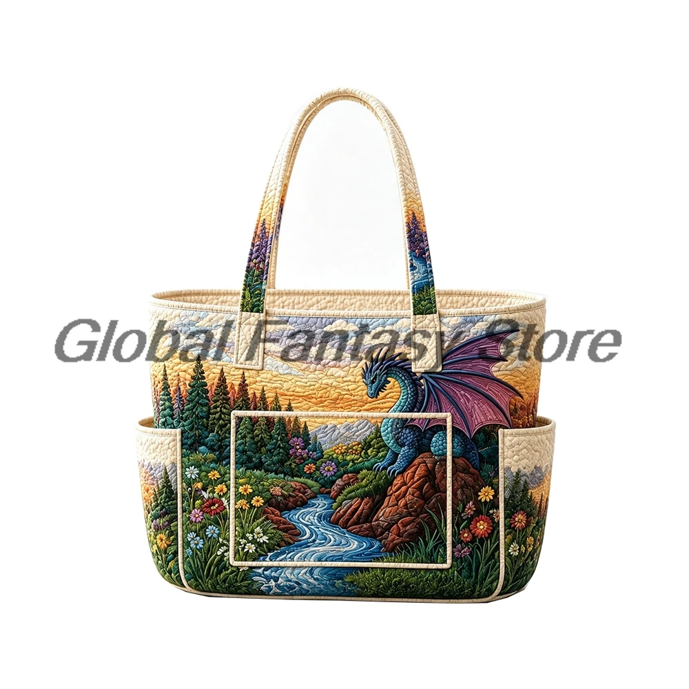 Fantasy Dragon Boho Multiple Pockets Quilted Tote Bag Women Large Capacity Shoulder Handbag Daily Shopping Bags