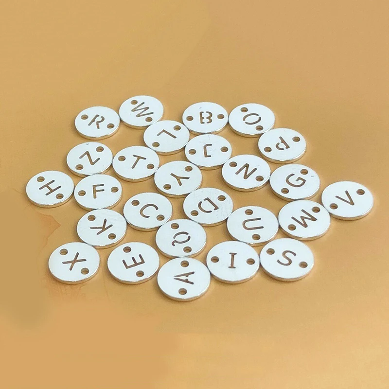 925 Sterling Silver 6mm Round Disc Letters Connector (A-Z) w/2Holes 0.5mm Thick 26 Letter Hollow Carve Charm Wholesale