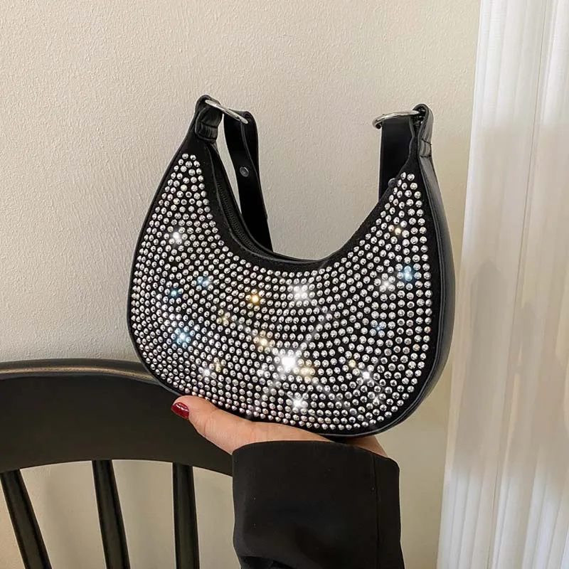 Women Blingbling One Shoulder Bag Bright Diamond Bag  New Fashion Luxury PU Leather Crossbody Bags Chic Design Half MoonBag