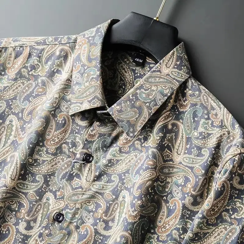 Fashion Lapel Button Printed Vintage Floral Shirts Men's Clothing 2024 Autumn New Loose Long Sleeve Business Tops Korean Shirts
