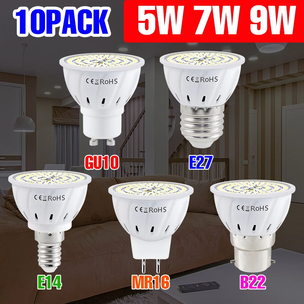 10 Pack E27/E26 LED Bulb GU10 Spotlight MR16 Ceiling Lamp E14 Chandelier Bulbs B22 Home Living Room Lighting GU5.3 220V 5W 7W 9W