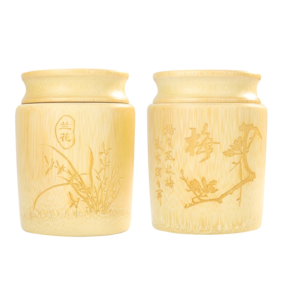 Handmade Polished Laser Plum Bossom Orchid Flowers Natural Bamboo Wood Tea Canister Seasoning Candy Storage Airtight Jar Caddies