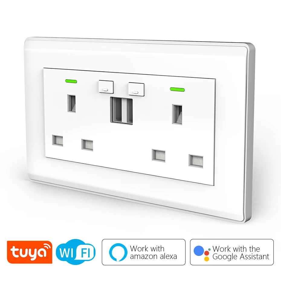 UK Tuya WIFI Smart Wall Socket USB Plug Ports Charger 10A Multiple Plugs with Two Usb Remote Control Work with Alexa Google Home