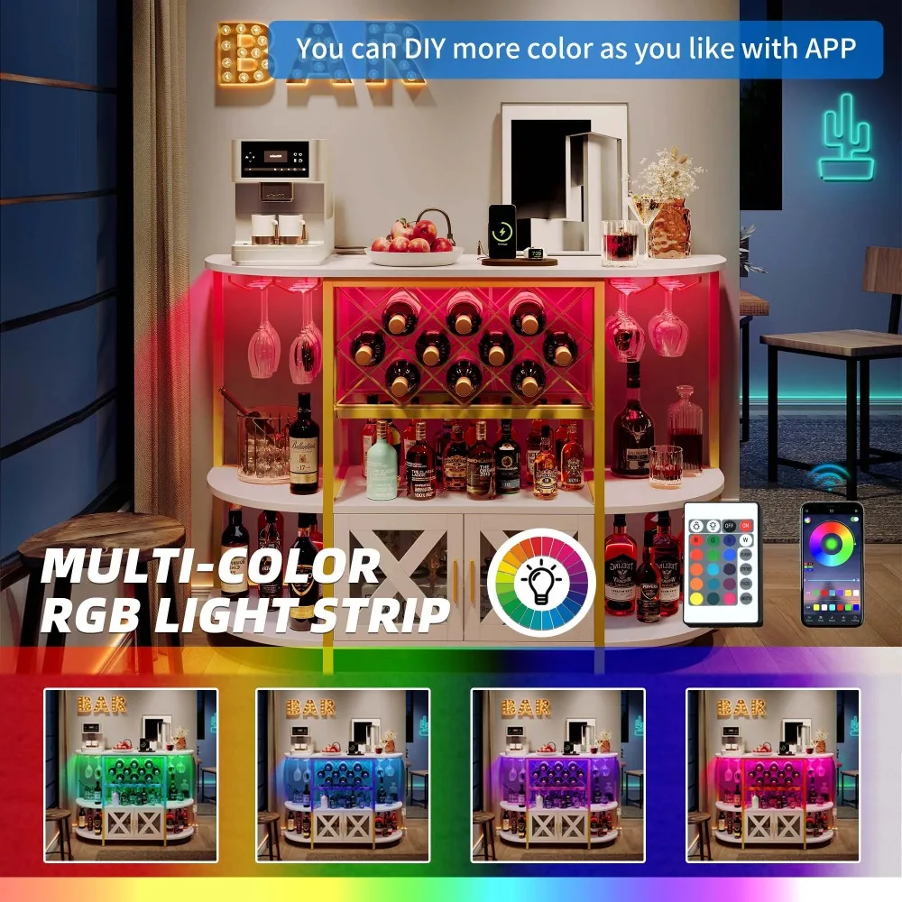 Bar Wine Cabinet with LED Lights and Power Outlets, 4-Tier Wine Rack Table for Liquor with Glass Holder and Wine Rack Storage