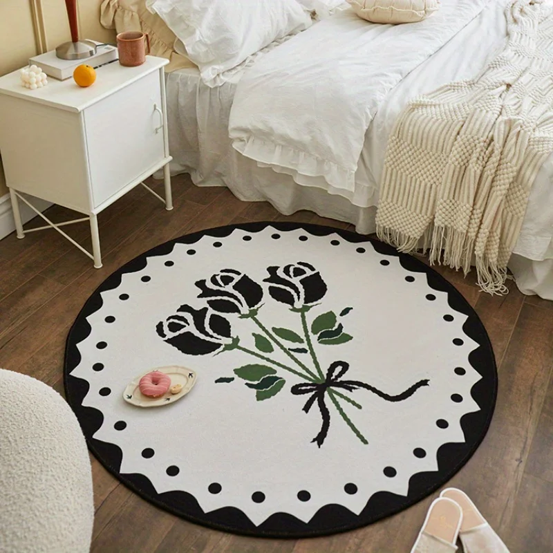 Black White Rose Bouquet Round Rug Wave Polka Dot Border Circular Mat Non Slip Soft Floor Carpet for Bedroom Cute Vintage Home