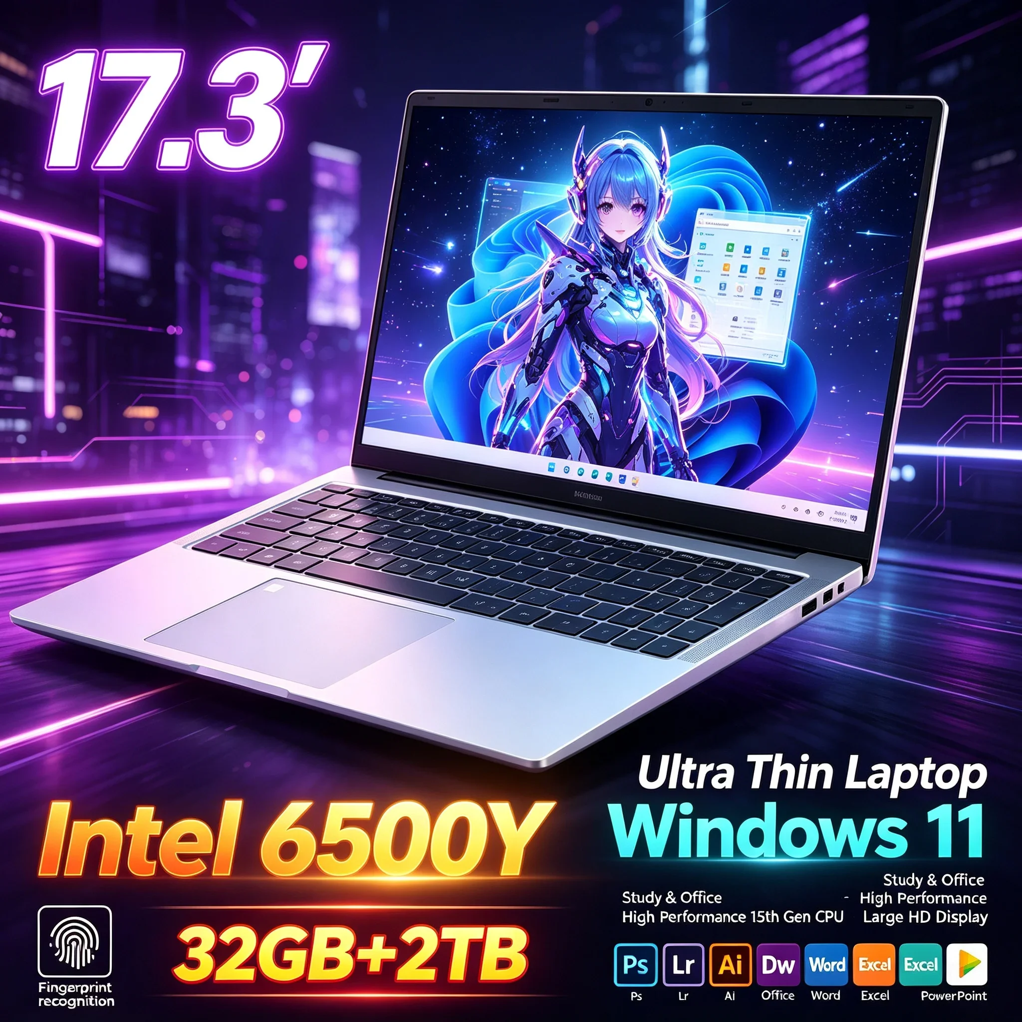 New 17.3'' Inch HD Portable Computer Notebook Intel 6500Y 32GB RAM 1TB 2TB SSD Win 11 WiFi 6 BT5.2 Laptop For Home Daily Work