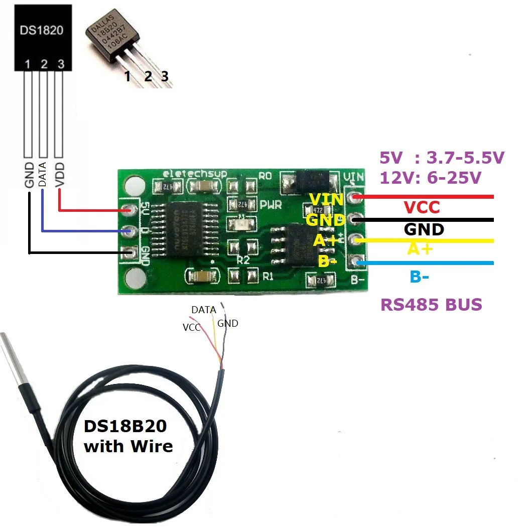 DC 3.7-25V DS18B20 Modbus RTU Temperature Sensor Remote Acquisition Monitor Module RS485 RS232 TTL For Arduino PC PLC MCU