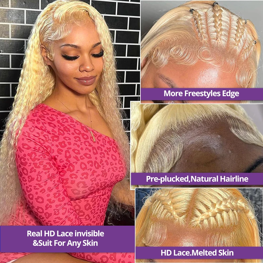 40 Inch Deep Wave 613 Honey Blonde 13x4 Transparent Lace Front Human Hair Wigs 13x6 HD Lace Frontal Curly Wave Wig For Woman