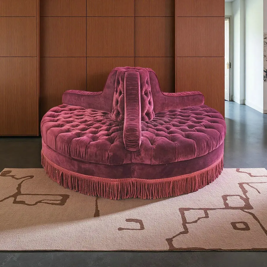 #Nineteenth century Red Velvet Button Tufted Large Center Sofa with Fringes Tassel Round Conversation Circular Couch for Hotel