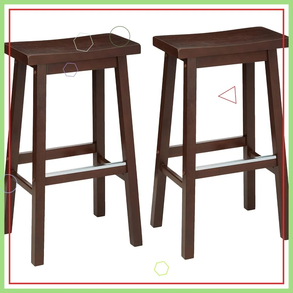 

Solid Wood Kitchen Barstool Set of 2 with Footrest, Walnut Finish, Easy Assembly - 29-Inch Height for Home Bar & Counter