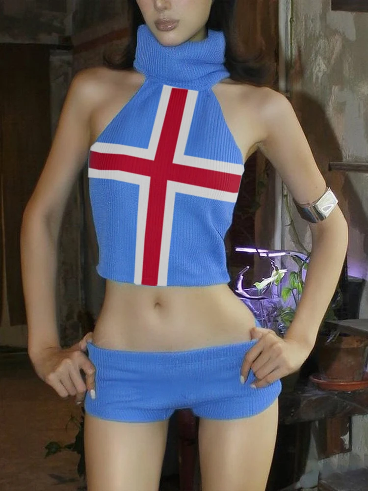 

Weird Puss Knit комплект из трех предметов, женский спортивный костюм, сексуальные топы на бретелях с воротником + шорты, одинаковые комплекты для отдыха, пляжной вечеринки, клубная одежда, летний костюм