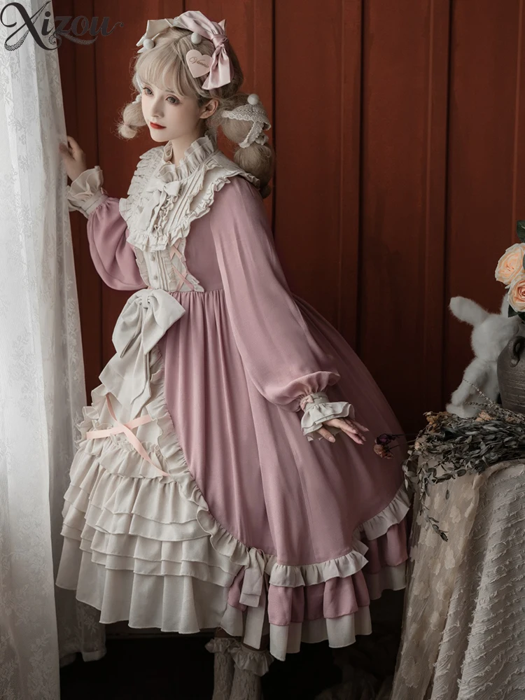オリジナルフレンチスタイルエレガントプリンセスロリータドレスファッションボールガウン女性のミッドレングス長袖ドレス秋冬