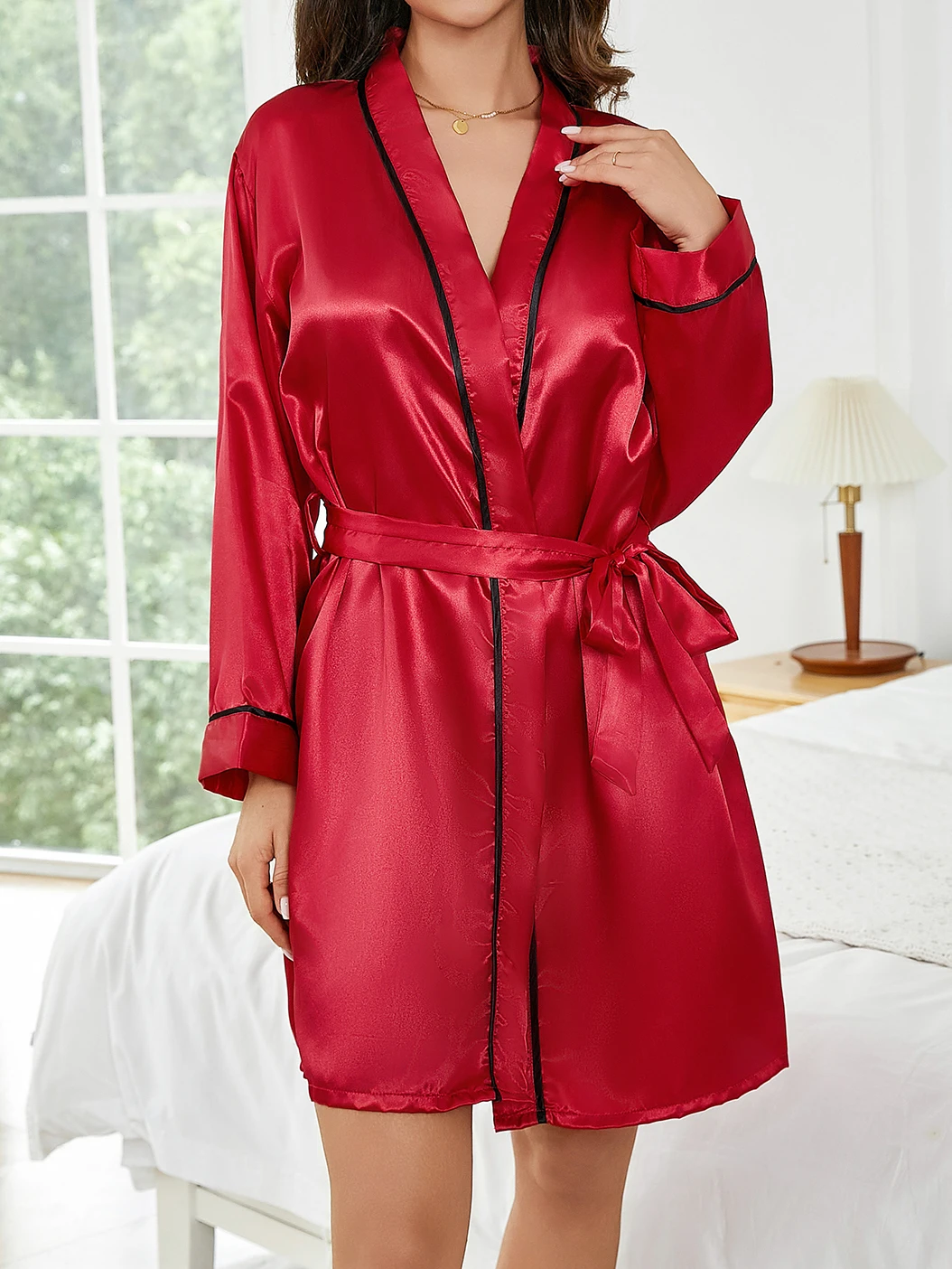 Reine Farbe Kurze Robe Frauen Sommer Dünne Hause Nachtwäsche Casual Bademantel Mode Vielseitig – Detail 6