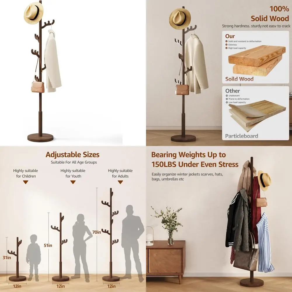 

6-Hook Antler-Style Freestanding Coat Rack for Entryway, Hallway, Bedroom, and Office, Solid Wood