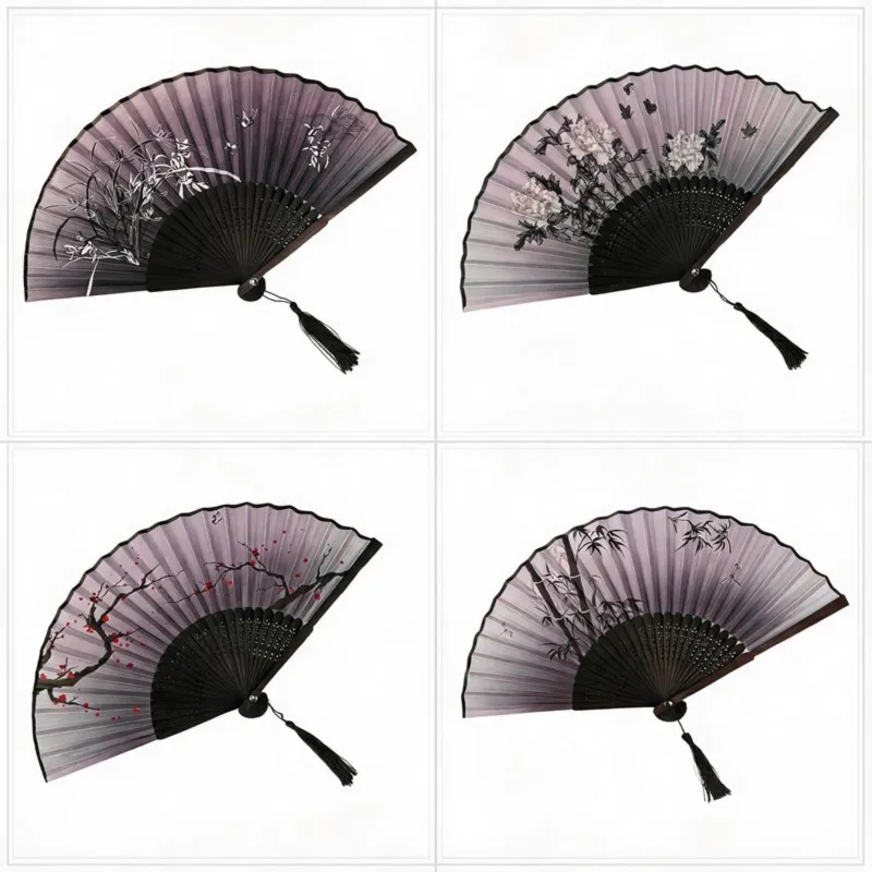 B97A-Tassel Decorative Fan, 4 Pcs Folding Fans, Chinese Style Hand Holding Fans, Retro Style Foldable For Dance Performa Perform