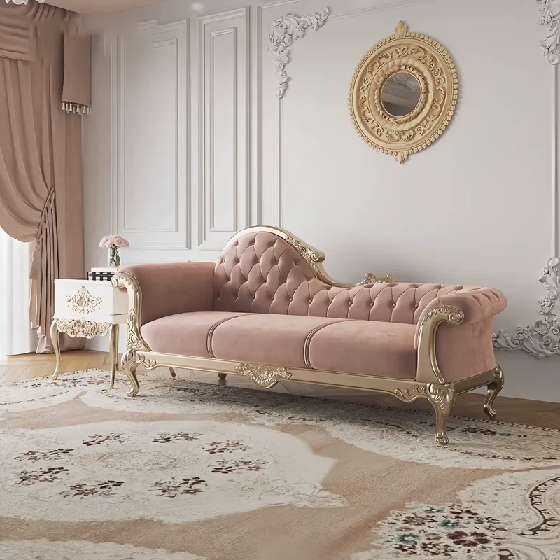 Solid Wood Carved Floral Concubine Chair Pink Flannel Recliner Light Luxury Villa Living Room Fabric Sofa Leisure Beauty