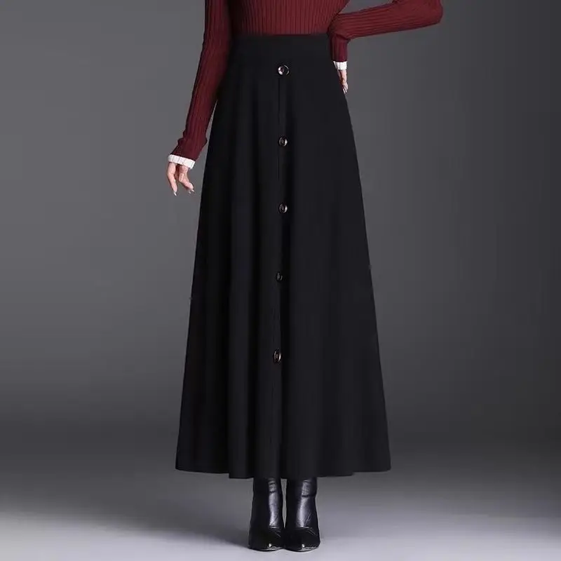 Women High Waist Maxi Skirt A Line Button Decor Flowy Casual Half Skirt