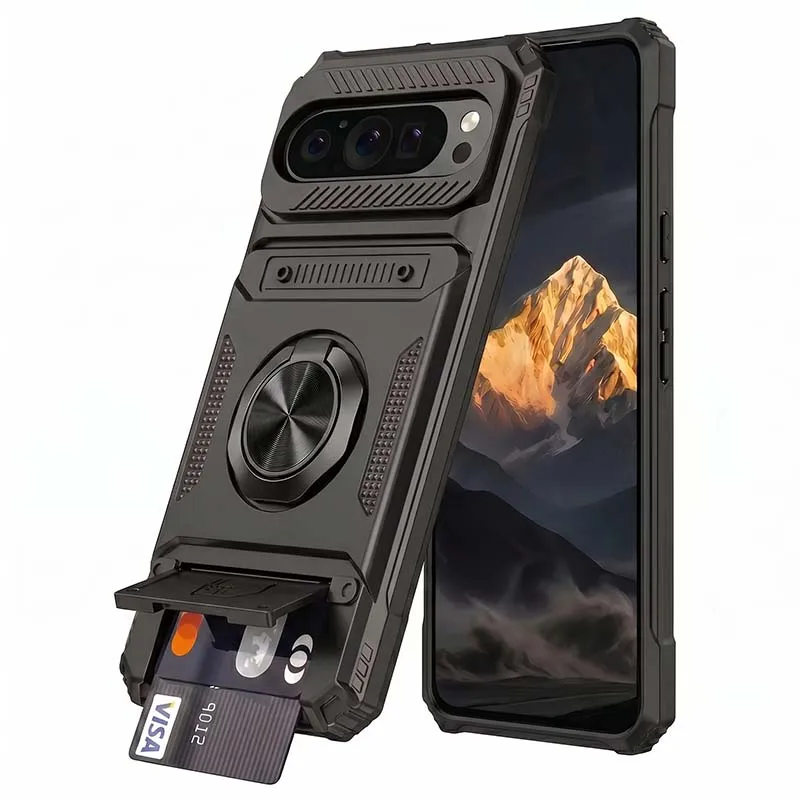 360 ° Custodia per telefono antiurto con supporto ad anello girevole, realizzata in policarbonato rigido e TPU flessibile, con vano per schede nascosto, per Google Pixel 11 Pro XL, 9 e 10 Pro.