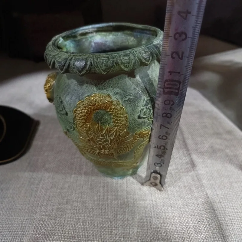 Dragon-patterned , auspicious beast double-handled copper pot, treasure jar, decorative craft