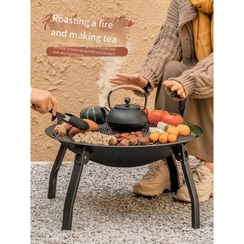 Convenient Outdoor Cast Iron BBQ Grill Foldable Fire Stove and Basin for Tea Brewing Bonfire Fireplace and Heating Stove
