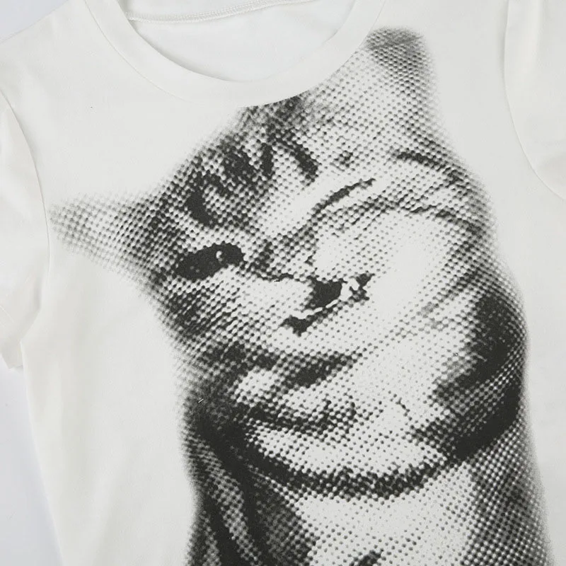 T-Shirt mit Wildkatzenmuster, niedrigem Pixel-Aufdruck, Rundhalsausschnitt, kurzen Ärmeln, Retro-Stil, vielseitig kombinierbar, figurbetontes, kurzes Oberteil – Detail 13