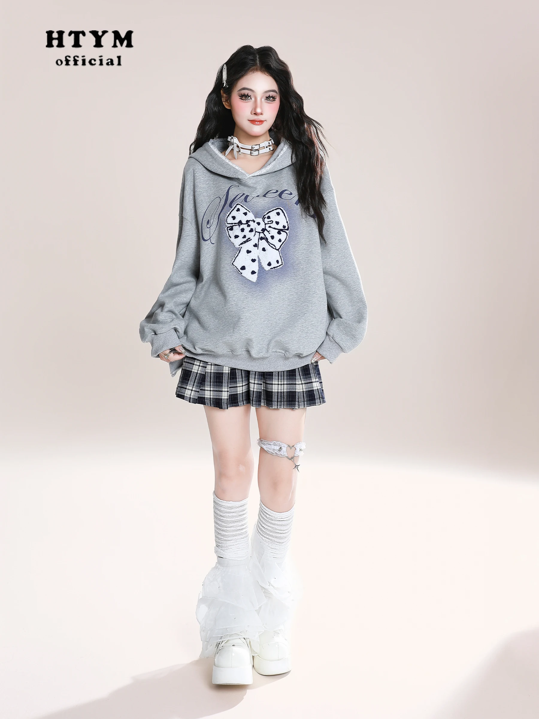 American Retro Fashion Sweet Cool Girl Flocked Bow Lace Hoodies Loose Lazy Casual Versatile Long Sleeve Sweatshirts Women Autumn