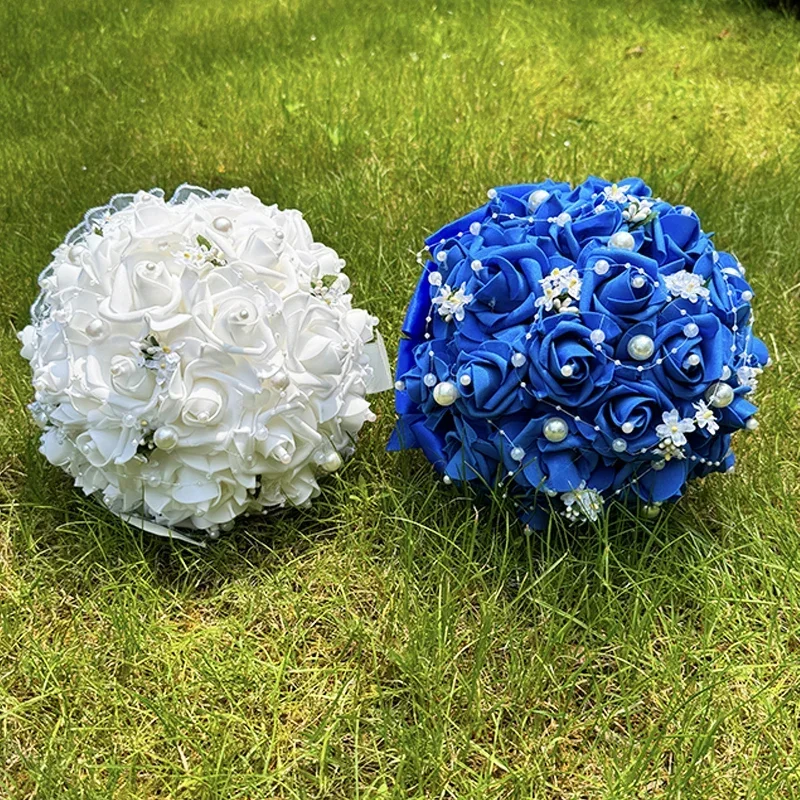 

1PC Wedding Bouquets for Bride Artificial Rose Posy with Satin Jeweled Bouquet, Faux Flowers Bridesmaid Holding Fake Flowers for