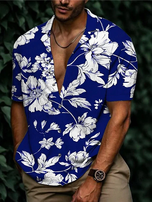 Hawaiian Shirt Tropic Plant Flowers Shirts Men\'s Vocation Blouses Floral Lapel Shirt Cuba Camisas Men\'s Clothing Single Breasted