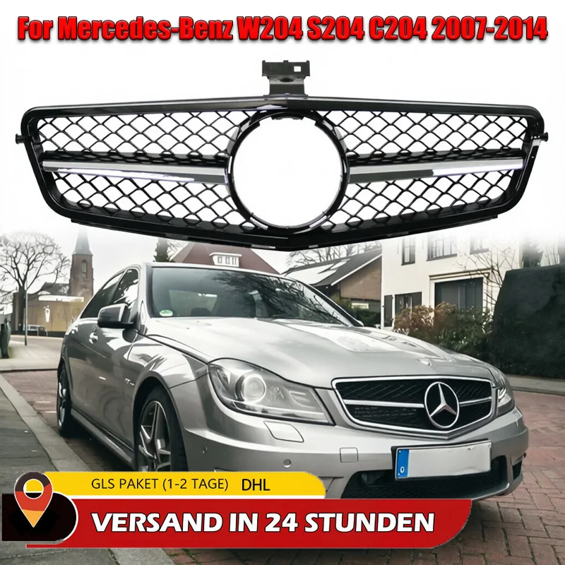 Stilvoller Frontgrill für Mercedes Benz C-Klasse W204 S204 C204 2008-2014 C180 C200 C250 C280 C350 Schwarzer GTR-Stil Grill 2007 2008 2009 2010 2011 2012 2013 2014 AMG-Stil