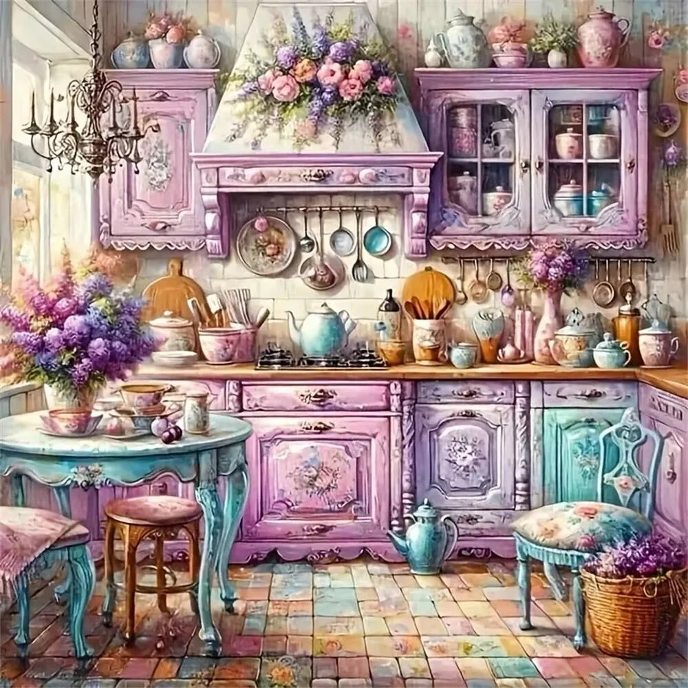 

Pastel Pink and Blue Cottage Kitchen Jigsaw Puzzle, Whimsical Home Decor Challenge Scenic Art Puzzle for Gift