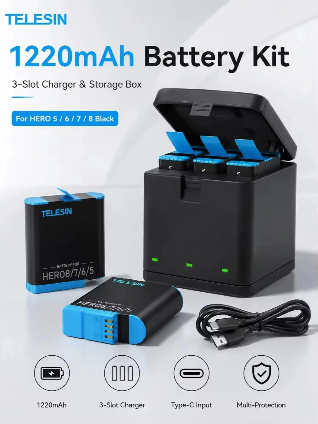 TELESIN 1220 mAh 3-pak akumulatorów 3 gniazda LED Ładowarka do akumulatorów Kabel typu C do GoPro Hero 5 6 7 8 Czarny aparat — zdjęcie produktu 7