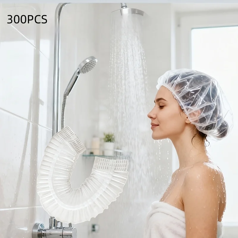 300PCS Disposable Shower Caps Waterproof Clear Plastic Hair Caps Elastic Bath Caps For Home Hotel Salon Hair Dye Shower Use