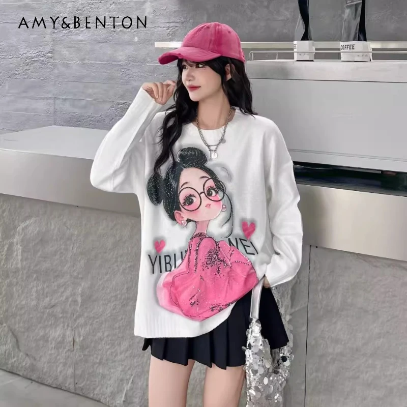 

Ladies Loose Oversized Slimming Round Neck Long Sleeves Knitted Sweater Autumn Printed Rhinestone Pullover Knitwear Outerwear