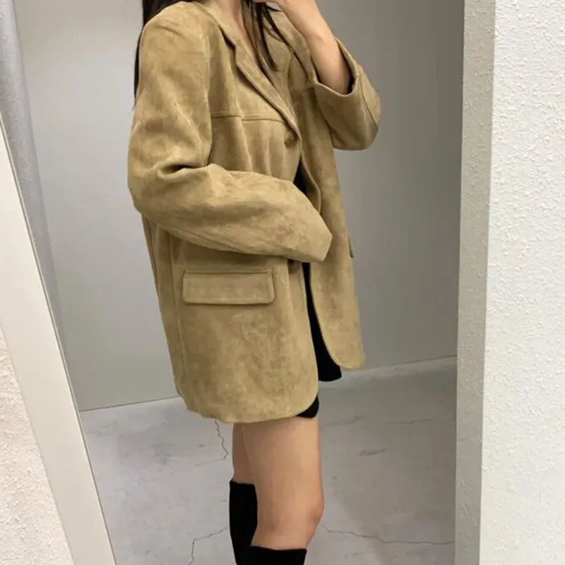 Vintage Suede Autumn Winter Jacket Female Streetwear Loose Long Sleeve Lapel Outerwear New Fashion with Shoulder Pad Suit Coat