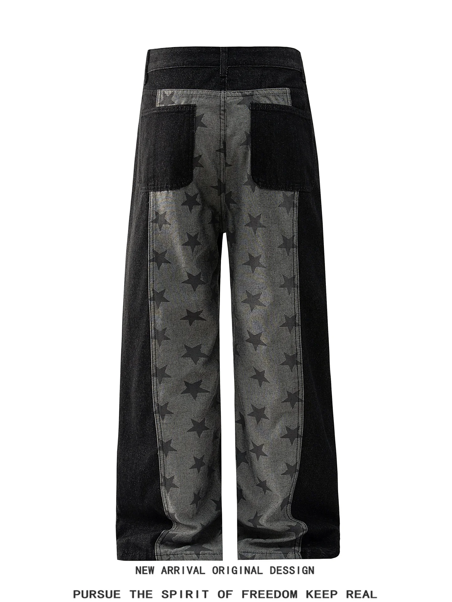 American Vibe Star Spliced Loose Straight Leg Jeans Unisex Trendy Color Block Design Casual Workwear Long Trousers