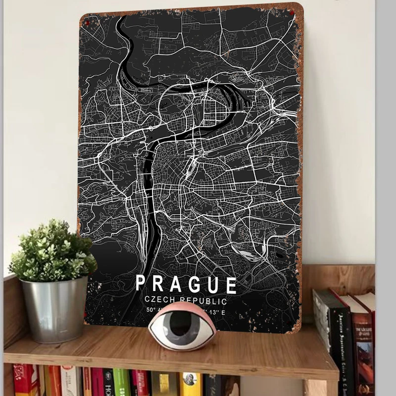 Prague City Map Metal Wall Art Modern Minimalist Home Decor Czech Republic Geometric Poster