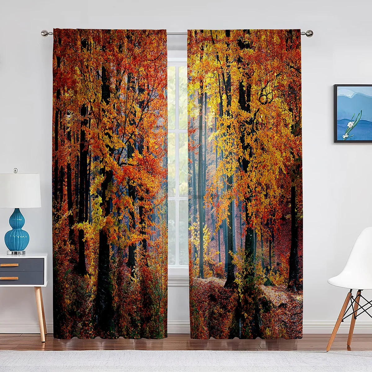 Fall Forest Tulle Curtains for Living Room Bedroom Decoration Autumn Trees Woodland Sunshine Nature Scenery Sheer Voile Curtain