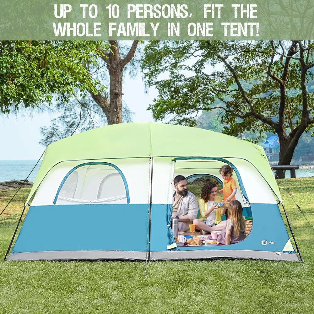 10 Person Cabin Tent,Family Camping Tent Easy Setup, Windproof/2-Room/Large Mesh Windows Tents with Carry Bag