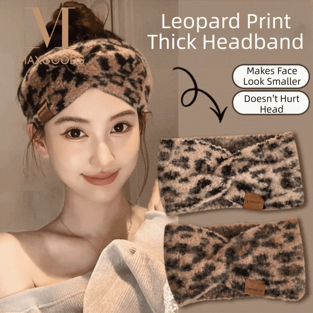 إكسسوارات الشعر عصابات رأس نسائية واسعة بطبعة الفهد، عصابة رأس محبوكة سميكة ودافئة، أغطية رأس عالية المرونة #1