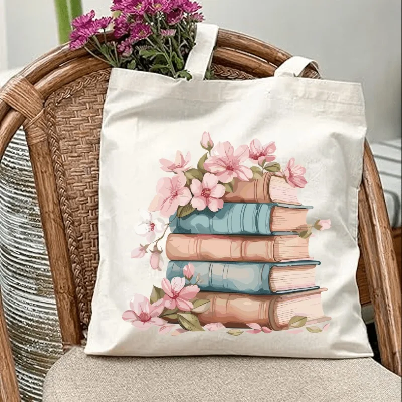 Vintage Stack Books Pink Floral Canvas Tote Bag Women Book Lover Reusable Shopping Shoulder Bag Reading Casual Handbag