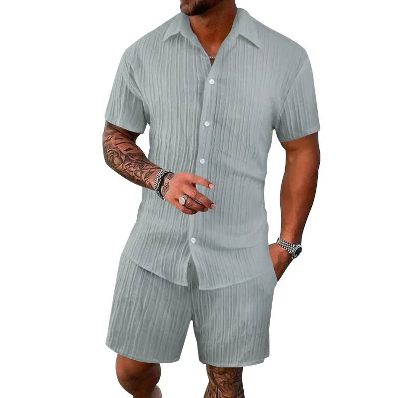 

men's summer leisure sports suit cross-border trend loose solid color breathable cardigan short-sleeved shirt set
