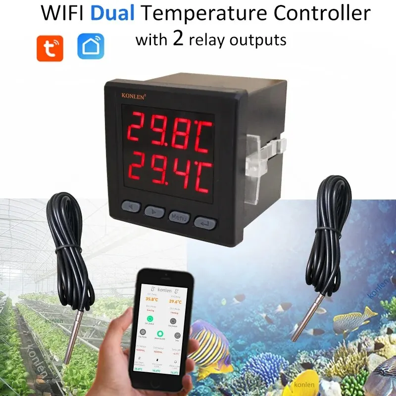 Tuya WIFI Dual Temperature Sensor Smart Life Thermometer Controller External Probe Thermostat for Heat Freezer Water Pool Boiler