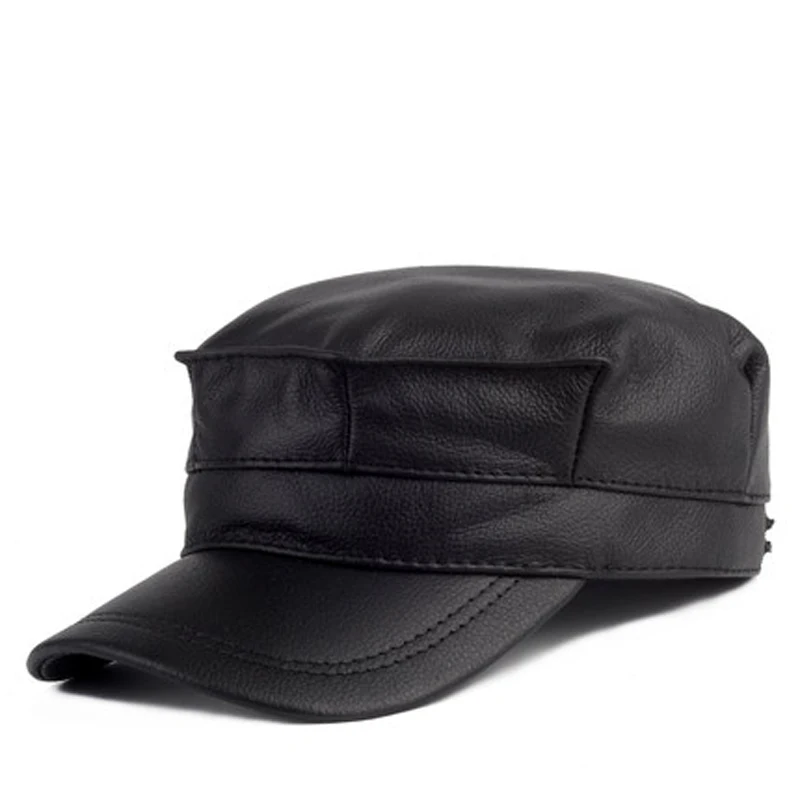 Cowhide Leather Hat Men Winter Casual Outdoor Flat Top Octagonal Cap Male Korean Fashion Earflap Warm Newsboy Berets Dad Chapeau