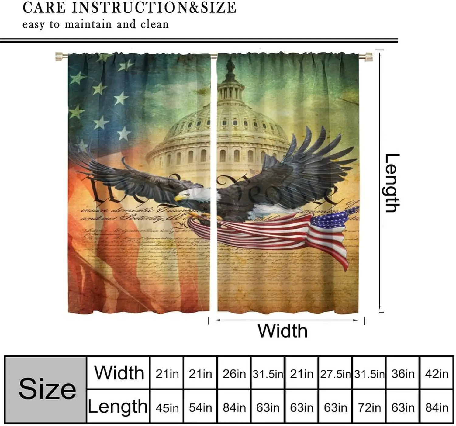 Vintage US Flag Eagle Blackout Curtains, Retro Independence Art Rod Pocket Drapes for Kitchen Bedroom Dining Cafe Office Decor