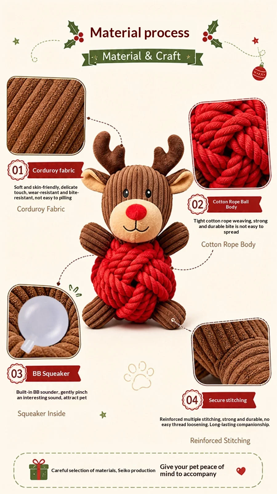 Weihnachtliches Welpen-Kauspielzeug, Baumwollseilball, Plüsch-Quietschspielzeug für Hunde, zur Linderung von Zahnfleischschmerzen und zur Bekämpfung von Langeweile, langlebiges Haustiergeschenk, Hundespielzeug – Detail 4