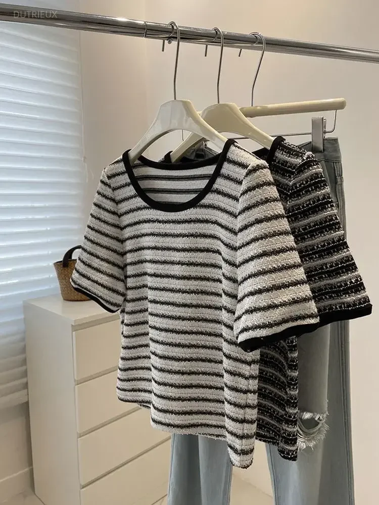 Summer Loose All Match O Neck Short Sleeve T Shirts Fashion Small Fragrance Lurex Constrast Color Clothes French  Women Tops