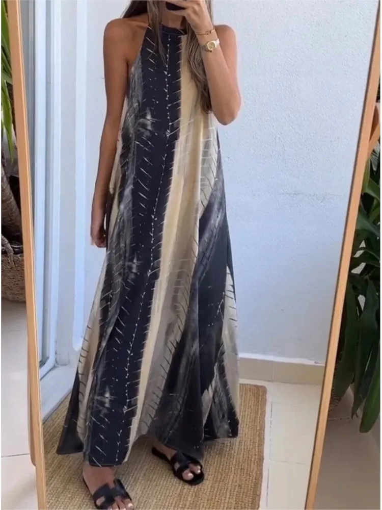 Fashion Print Halter Neck Backless Long Dresses Women Summer Casual Loose Beach Vacation Dress Female Trendy Streetwear Vestidos