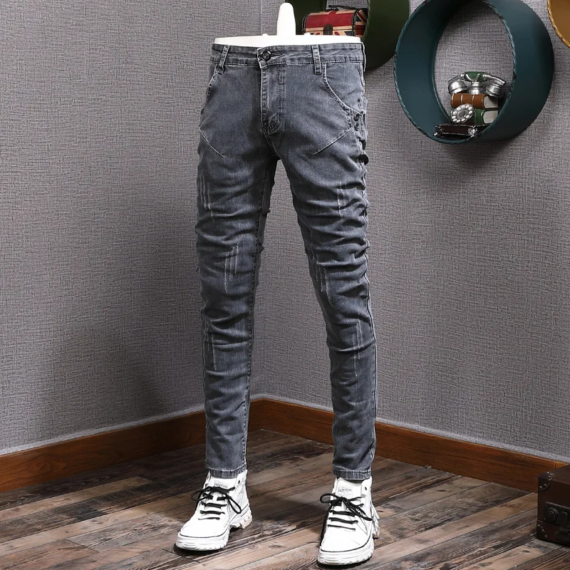Street Designer Fashion Men Jeans Retro Washed Gray Stretch Skinny Fit Ripped Jeans Men Y2K Vintage Casual Denim Pencil Pants