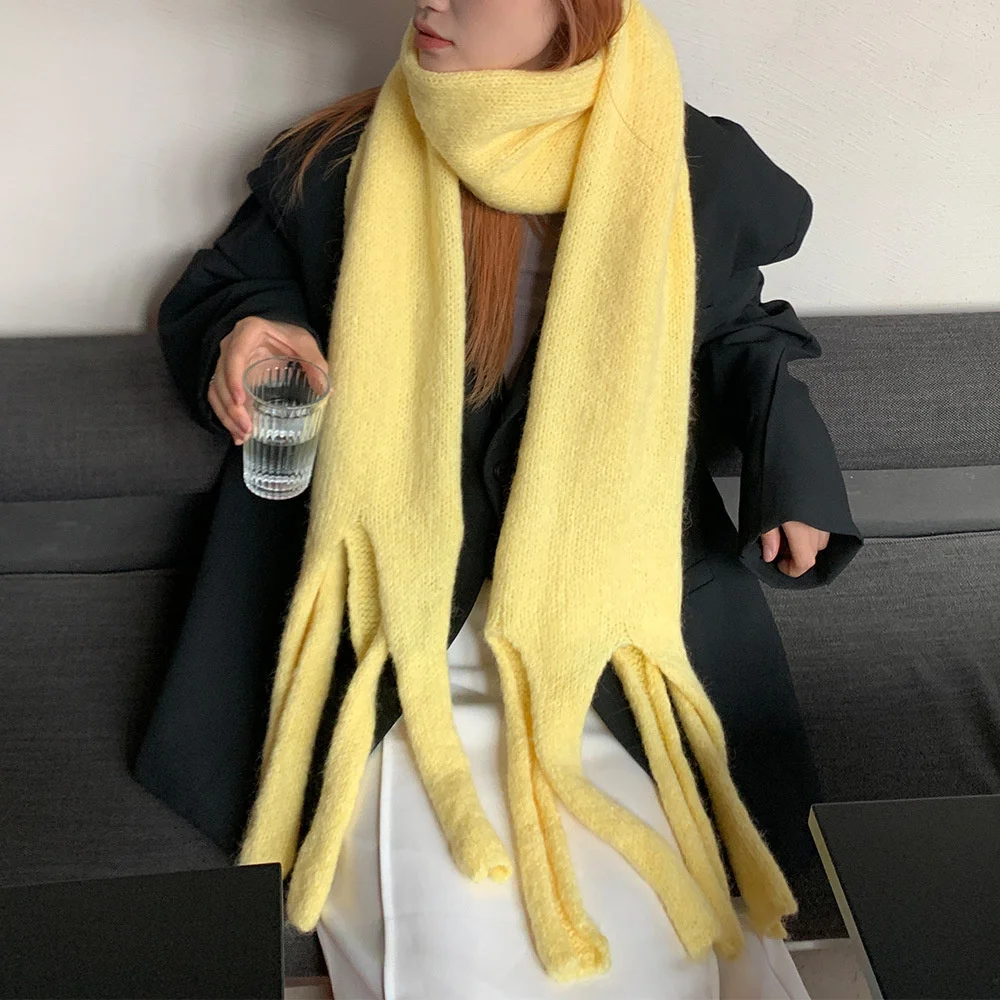 CTRLLOCK Multi Color Long Tassel Solid Color Wool Blend Knitted Scarf Women's Winter Neck Warm Scarves